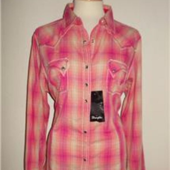 ROCK 57 BY WRANGER MS SIZE X-LARGE PINK PLAID SNAP FRONT LONG SLEEVE FASHION TOP - Picture 1 of 8